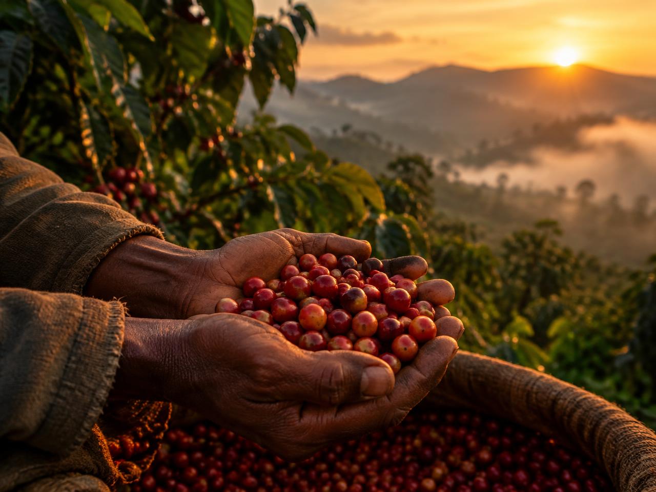 Farmer holding ripe coffee cherries